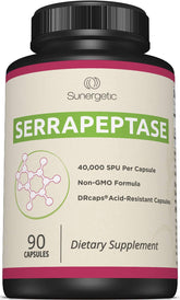 Sunergetic Serrapeptase bottle front highlights a high-potency enzyme for daily support.