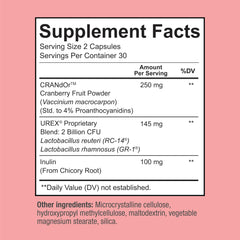 Sunergetic UREX clinically studied probiotic blend bottle label highlighting vaginal health and pH balance.