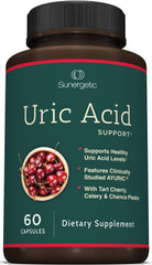 Sunergetic Uric Acid Support bottle front view, convenient daily supplement for daily wellness.