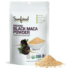 Sunfood Black Maca Powder bag front view for daily energy and routine nourishment.