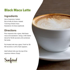 Close-up of Sunfood Black Maca Powder texture, raw and premium quality visible.