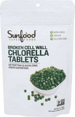 Sunfood Chlorella tablets close-up highlighting compact dosing for daily use