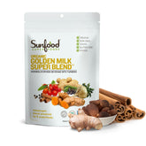 Sunfood Golden Milk Super Blend packaging highlighting organic certification and premium spice blend.