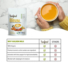 Sunfood Golden Milk Super Blend stirred with a spoon to blend creamy turmeric goodness.