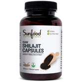 Sunfood Shilajit capsules bottle closeup for convenient daily use.