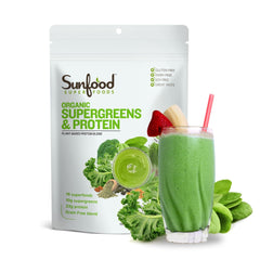 Sunfood Supergreens & Protein tub showcasing protein-rich daily nutrition