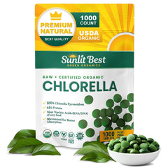 Sunlit Best Chlorella tablets bottle label highlights premium organic quality for daily wellness.
