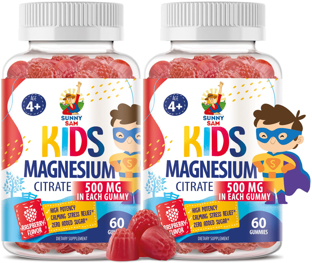 Sunny Sam sugar-free magnesium gummies for kids bottle front promote a gentle bedtime routine