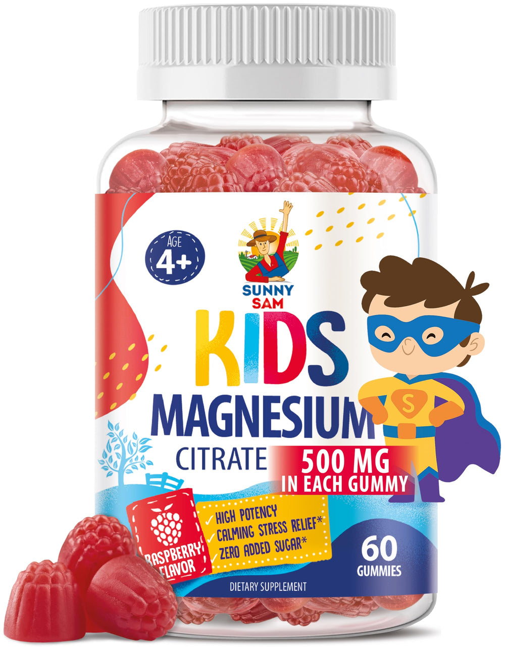 Sunny Sam sugar-free magnesium gummies bottle pouring, supporting bedtime calm