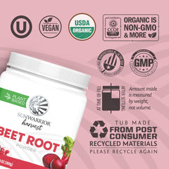 Pouring Sunwarrior Beet Root Powder into a drink for potential nitric oxide support.