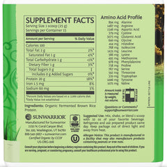 Sunwarrior Brown Rice Protein label closeup highlights gluten-free and dairy-free ingredients.
