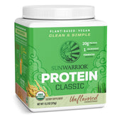 Sunwarrior Brown Rice Protein tub front shows a clean, allergen-friendly plant protein option.