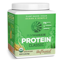 Sunwarrior Brown Rice Protein tub front shows a clean, allergen-friendly plant protein option.