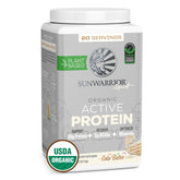 Sunwarrior cake batter protein powder jar highlights organic plant-based formula for clean recovery.