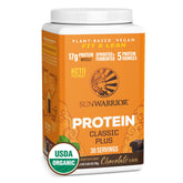Sunwarrior Classic Plus chocolate powder tub front promoting plant-based protein for vegan lifestyles.