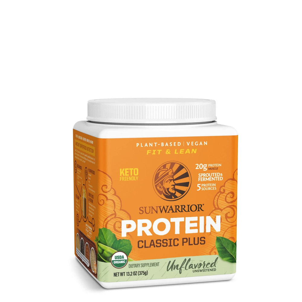 Sunwarrior clean vegan protein unflavored bottle on kitchen counter for easy daily use.