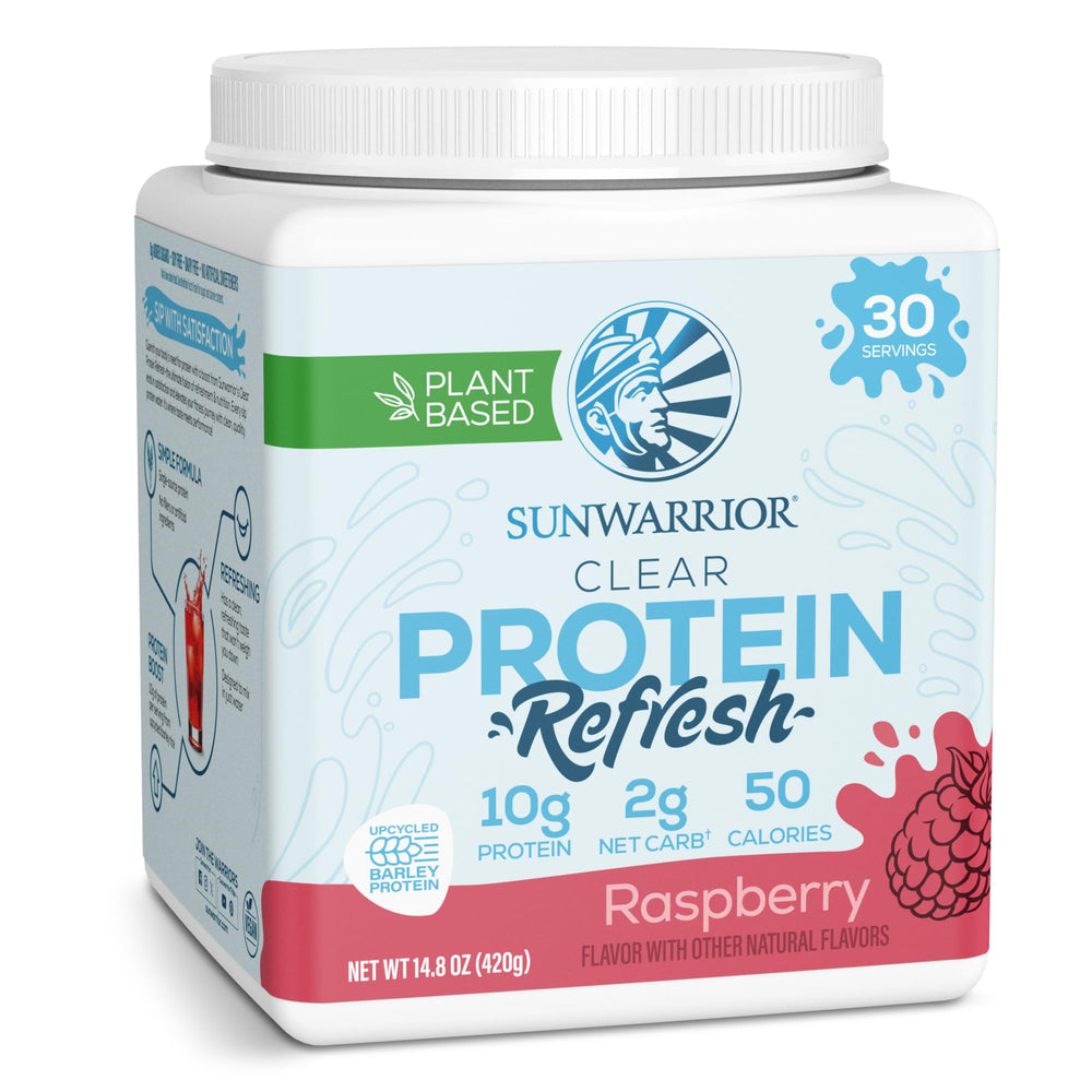 Sunwarrior Clear Protein Raspberry in a glass, refreshing hydration with 10g protein per serving