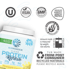 Sunwarrior Clear Protein Refresh upcycled barley powder completely soluble for easy mixing.