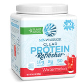 Sunwarrior Clear Protein tub with watermelon label offers a refreshing, plant-based option for hydration.