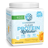 Sunwarrior Clear Protein Peach Mango tub on shelf offering plant-based hydration during workouts.
