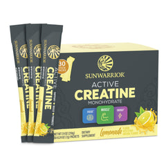 Sunwarrior Creatine Monohydrate lemonade bottle shows vegan, keto friendly formula.