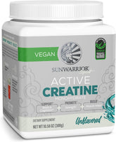 Sunwarrior Creatine Monohydrate bottle shows easy-mix micronized formula for workouts.