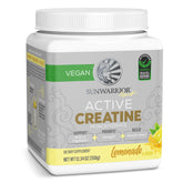 Sunwarrior Creatine Monohydrate Powder Lemonade tub highlights vegan formula for workout energy.