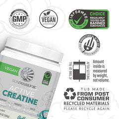 Sunwarrior Creatine Monohydrate micronized powder close-up emphasizes fast absorption.