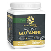 Sunwarrior L-Glutamine powder bottle for post-workout recovery and gut support.