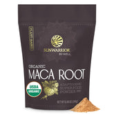 Sunwarrior maca-yellow powder jar showcasing organic Peruvian maca for energy and balance.