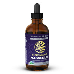 Sunwarrior Magnesium mineral supplement bottle front shows concentrated ionic formula for daily muscle support