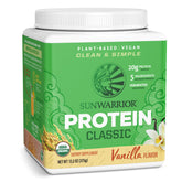 Sunwarrior Organic Classic Vanilla Protein packaging highlights a hypoallergenic, clean protein option for everyday shakes.