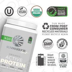 Sunwarrior organic ingredient label closeup communicates clean plant-based nutrition.