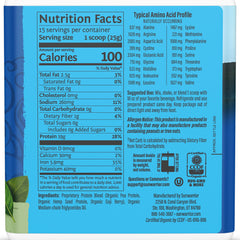Sunwarrior Organic Plant-Based Protein Powder label closeup, unflavored for versatile smoothie blends.