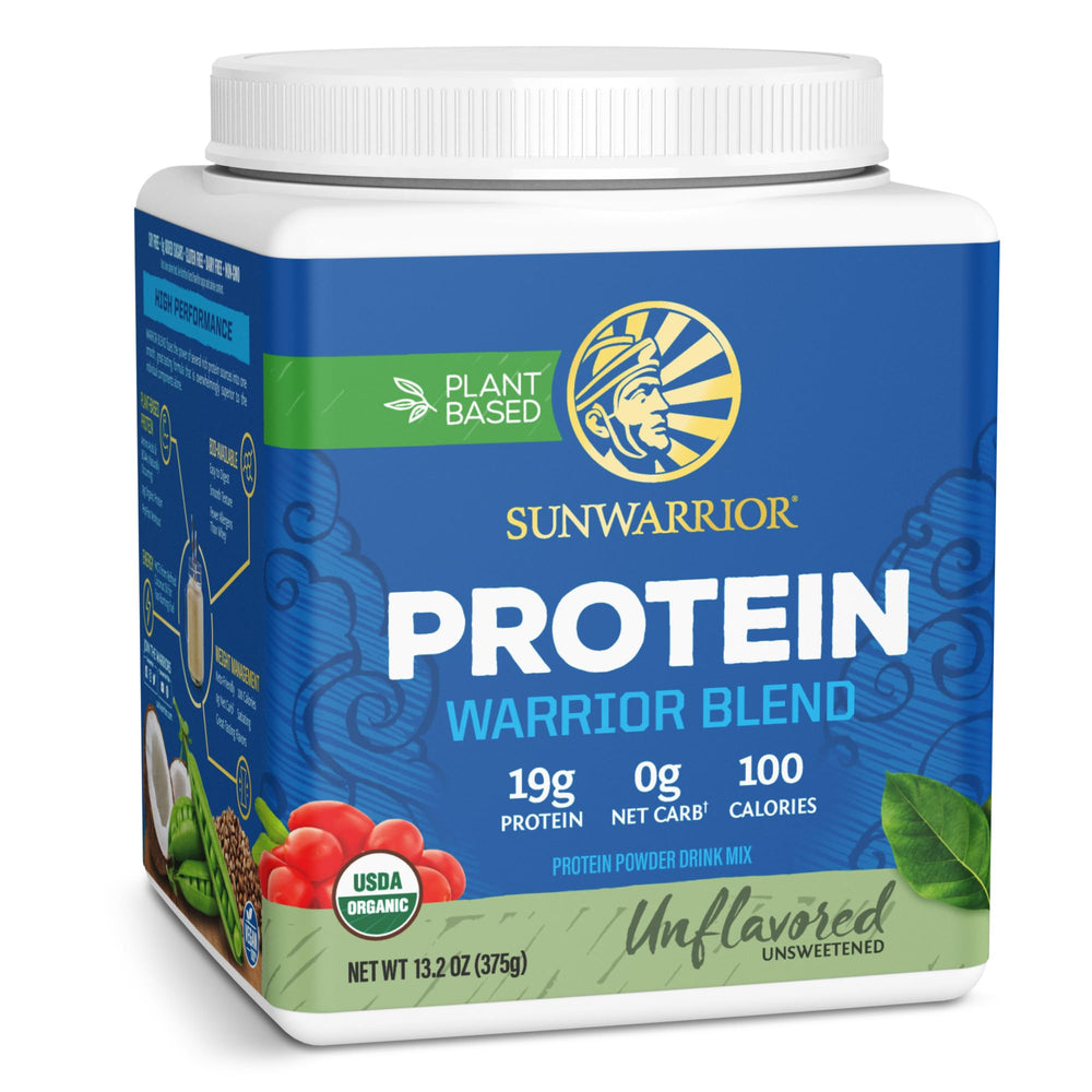 Sunwarrior Organic Plant-Based Protein Powder front tub for post-workout fueling.
