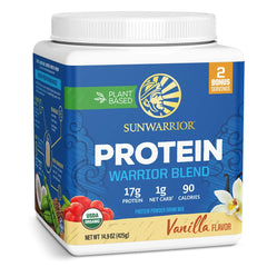 Sunwarrior organic plant-based protein vanilla canister; clean ingredients for daily nourishment.