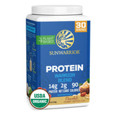 Sunwarrior organic protein powder chocolate peanut butter tub promising creamy vegan shake.
