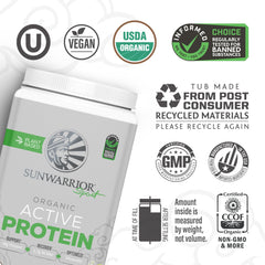 Sunwarrior Organic Protein Powder label close-up showing non-GMO and gluten-free attributes