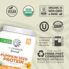 Sunwarrior Organic Pumpkin Seed Protein powder being poured into a glass