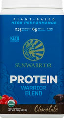 Dairy-free Sunwarrior chocolate protein label confirms soy-free, gluten-free nutrition.