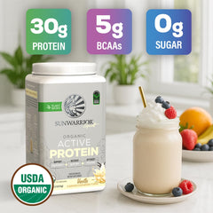 Sunwarrior vanilla organic ingredients label hints at clean, non-GMO protein sourcing.