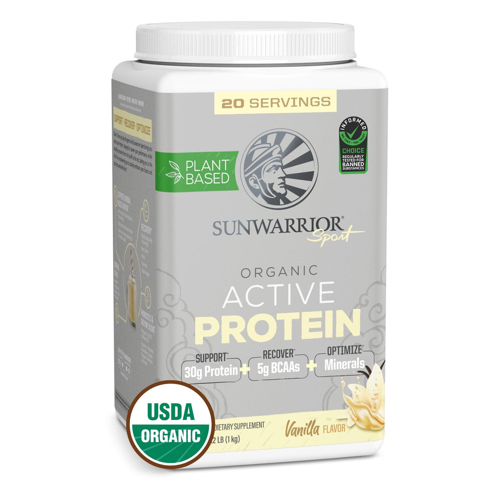 Sunwarrior vanilla organic protein bottle highlights plant-based protein for daily workouts.