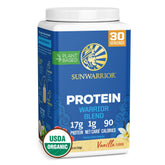 Sunwarrior Warrior Blend vanilla tub front, clean vegan protein for active lifestyles.