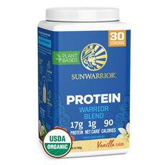 Sunwarrior Warrior Blend vanilla tub front, clean vegan protein for active lifestyles.