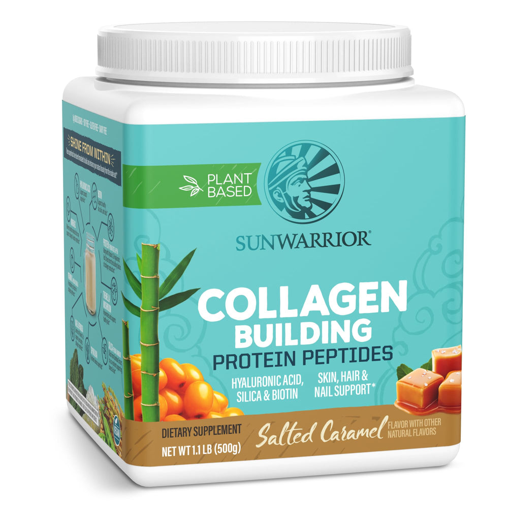 Sunwarrior vegan collagen powder salted caramel pours into a glass for hair and nails support
