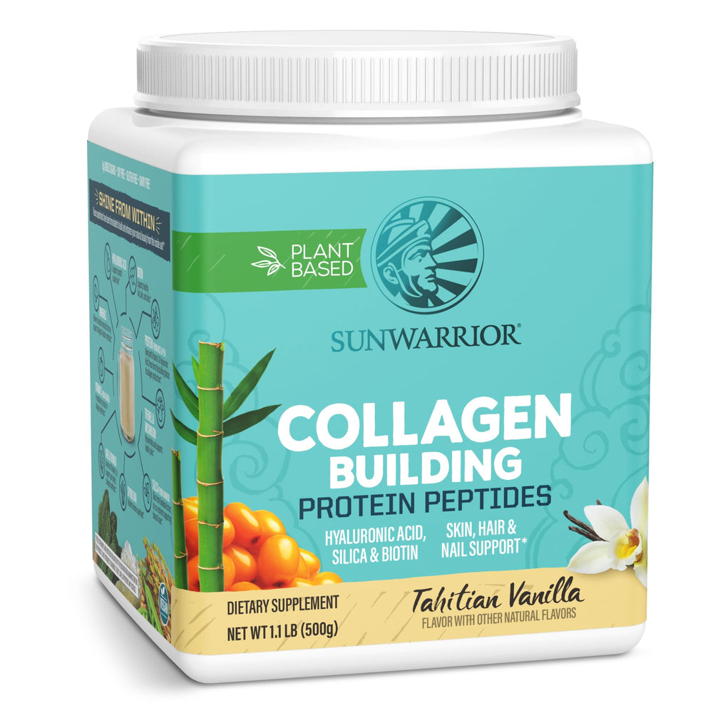 Sunwarrior vegan collagen protein powder vanilla jar highlights plant-based formula for daily smoothies.