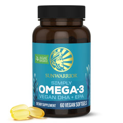 Sunwarrior Vegan Omega-3 algae oil bottle; convenient softgels for daily heart and brain support.