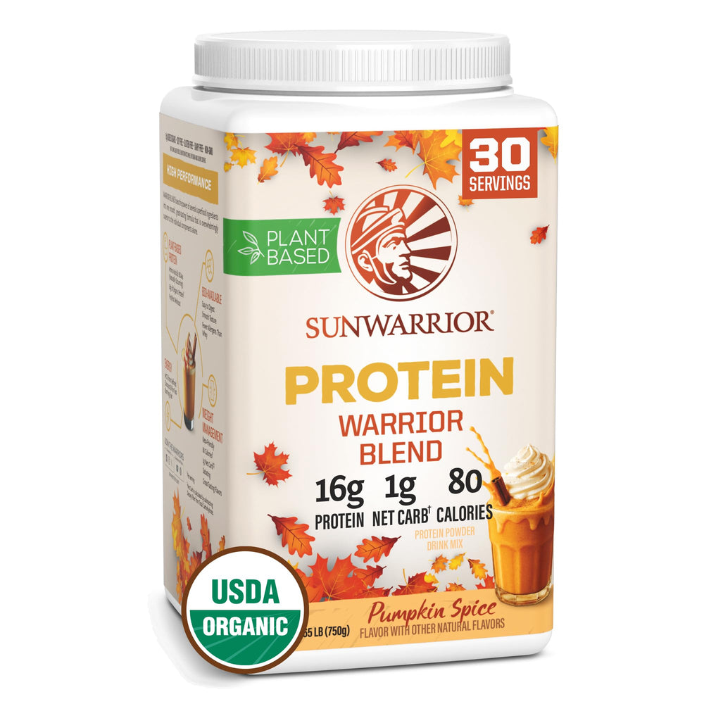 Sunwarrior pumpkin spice vegan protein bottle highlighting organic plant-based protein for active days.