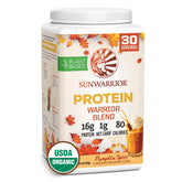Sunwarrior pumpkin spice vegan protein bottle highlighting organic plant-based protein for active days.