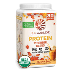 Sunwarrior pumpkin spice vegan protein bottle highlighting organic plant-based protein for active days.